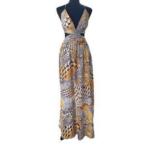 Animal Print Cut Out Backless Strappy Maxi Dress L Yellow Boho Festival Resort